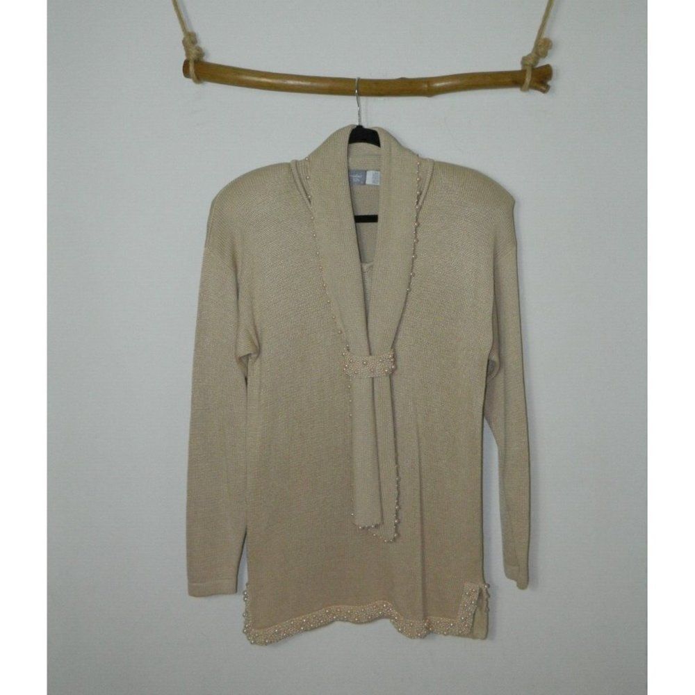 Marisa‎ Christina Collection Sweater Tunic Beige Oatmeal Pearl Trim Size Large